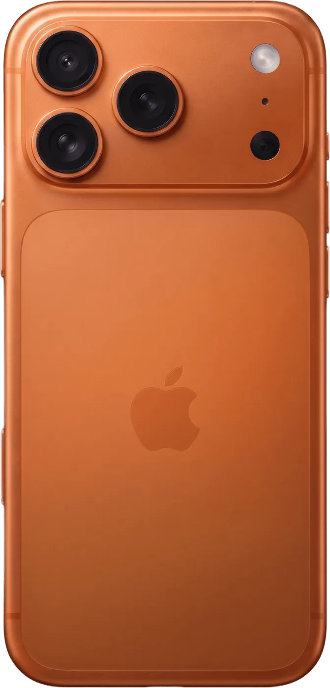 iPhone 17 Pro na cor laranja-cósmico, vista traseira